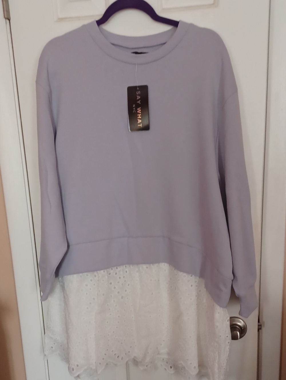Say What? Lavender Crewneck Top with Brand Tag